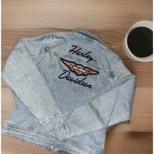 NEW HARLEY DAVIDSON EMBROIDERED WOMEN'S M SILVER WING STRETCH BLACK DENIM JACKET